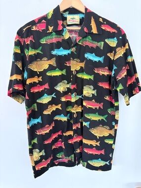 PARADISE ON A HANGER Men L Black Colorful Fish Print Button Up SS Shirt Cotton